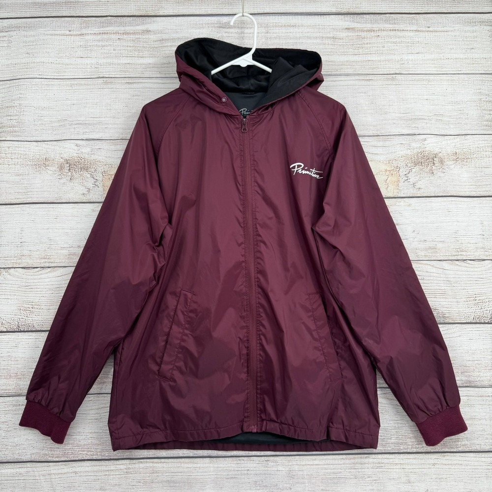 Primitive Windbreaker Jacket Mens Medium Burgundy Full Zip Hooded Script Logo